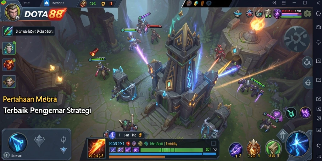 Screenshot gameplay DOTA88 menampilkan pertahanan menara yang epik.