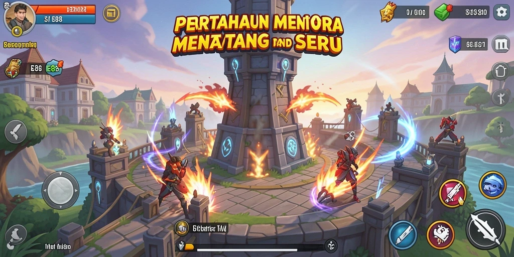 Tampilan gameplay E88 dengan menara yang siap bertahan dari serangan musuh.
