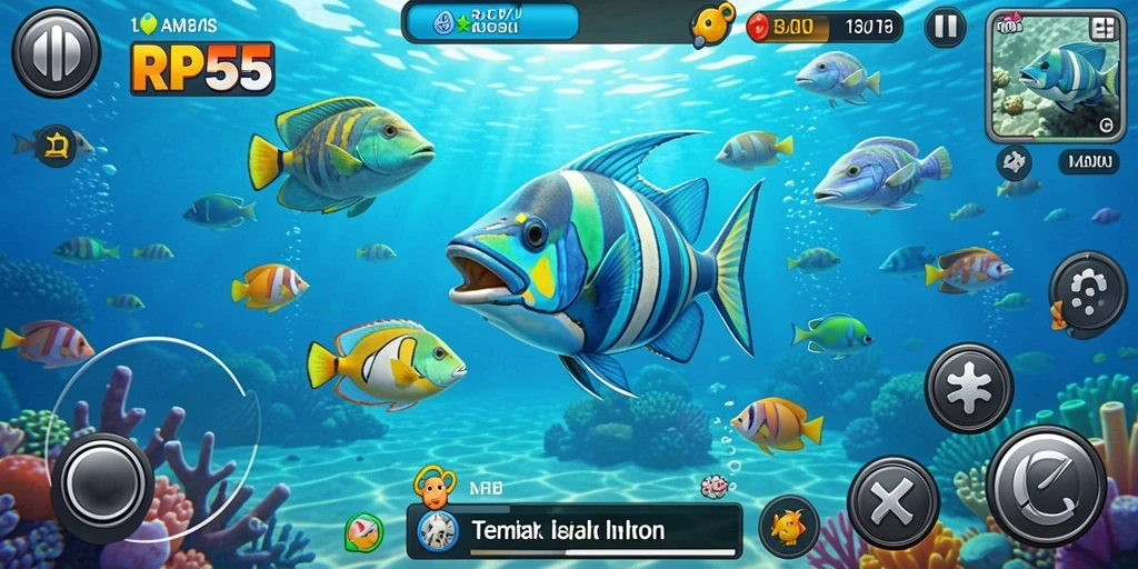 Screenshot gameplay RP55 yang menampilkan aksi seru Tembak Ikan.